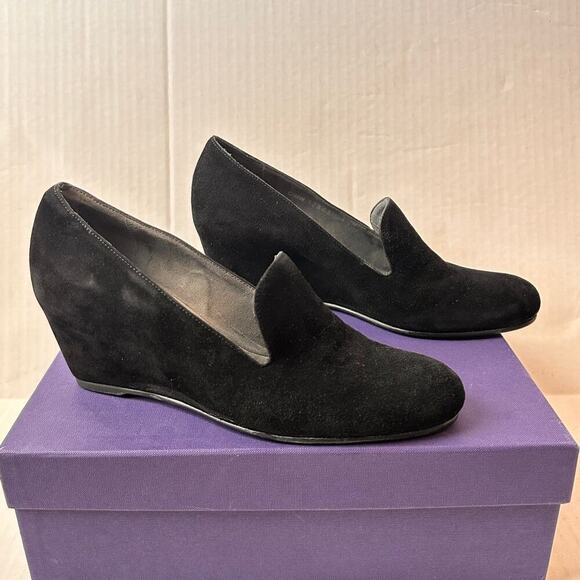 Stuart Weitzman Size 7.5 Black Suede Arise Wedge Heel Closed Toe Shoe Office - Picture 1 of 11
